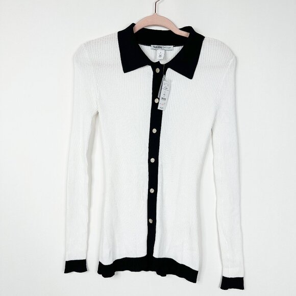 NWT White House Black Market Rib Colorblock Cardigan Ecru Black Small #WHBM15 - Picture 2 of 9